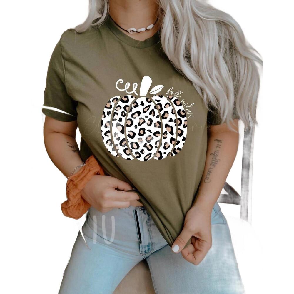 NEW WHITE LABEL fall vibes leopard pumpkin tee in olive
